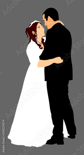 Groom and bride wedding day, in dress and suit vector illustration. Young wedding couple. Happy bride and groom after wedding ceremony. Just married couple in love. Sweet closeness and ceremony  day.