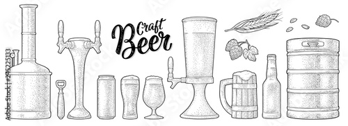 Beer set with wood mug, tap, glass, hop, bottle. Engraving