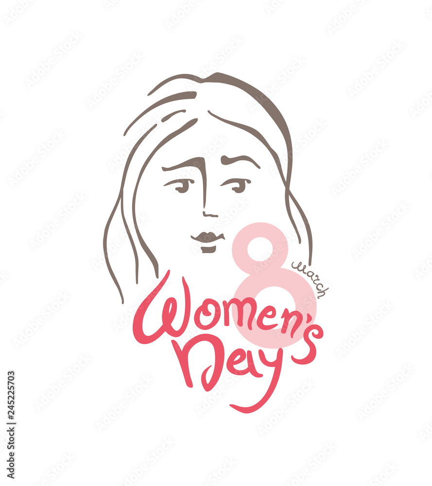 Women's Day linear modern vector template with lettering design 8 march and female face. Elegant greeting card International Women's Day. Women's Day linear modern vector template with lettering design 8 march and female face. Elegant greeting card International Women's Day.