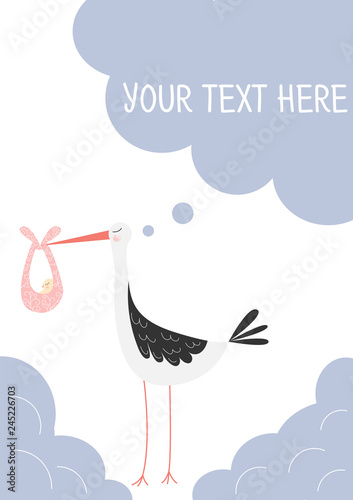 Greeting card template. Vector template for greeting card. Greeting card with stork and baby