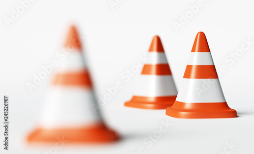 Traffic cones, selective focus 3d rendering illustration