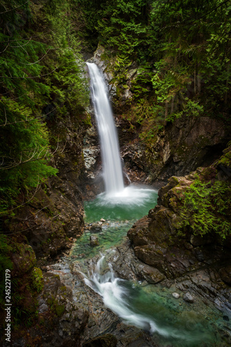Cascade Falls Regional Park. Located Northeast of Mission  British Columbia  Cascade Falls is a scenic waterfall that can be viewed from a suspension bridge that crosses the river.