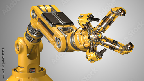 Robotic arm. Yellow mechanical hand. Industrial robot manipulator. Futuristic industrial technology. Isolated on grey background. 3D Render