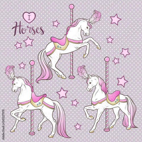 Cute carousel horses and stars set hand drawn design for kids in pastel colors vector illustration.