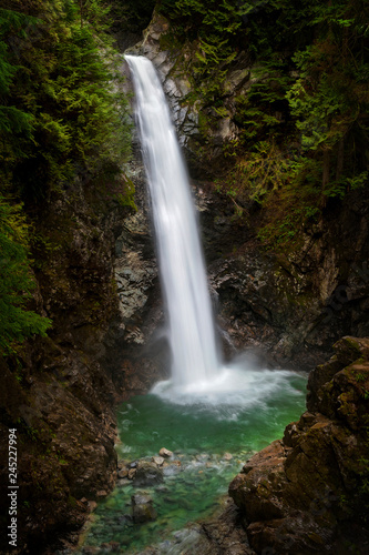 Cascade Falls Regional Park. Located Northeast of Mission, British Columbia, Cascade Falls is a scenic waterfall that can be viewed from a suspension bridge that crosses the river. © LoweStock