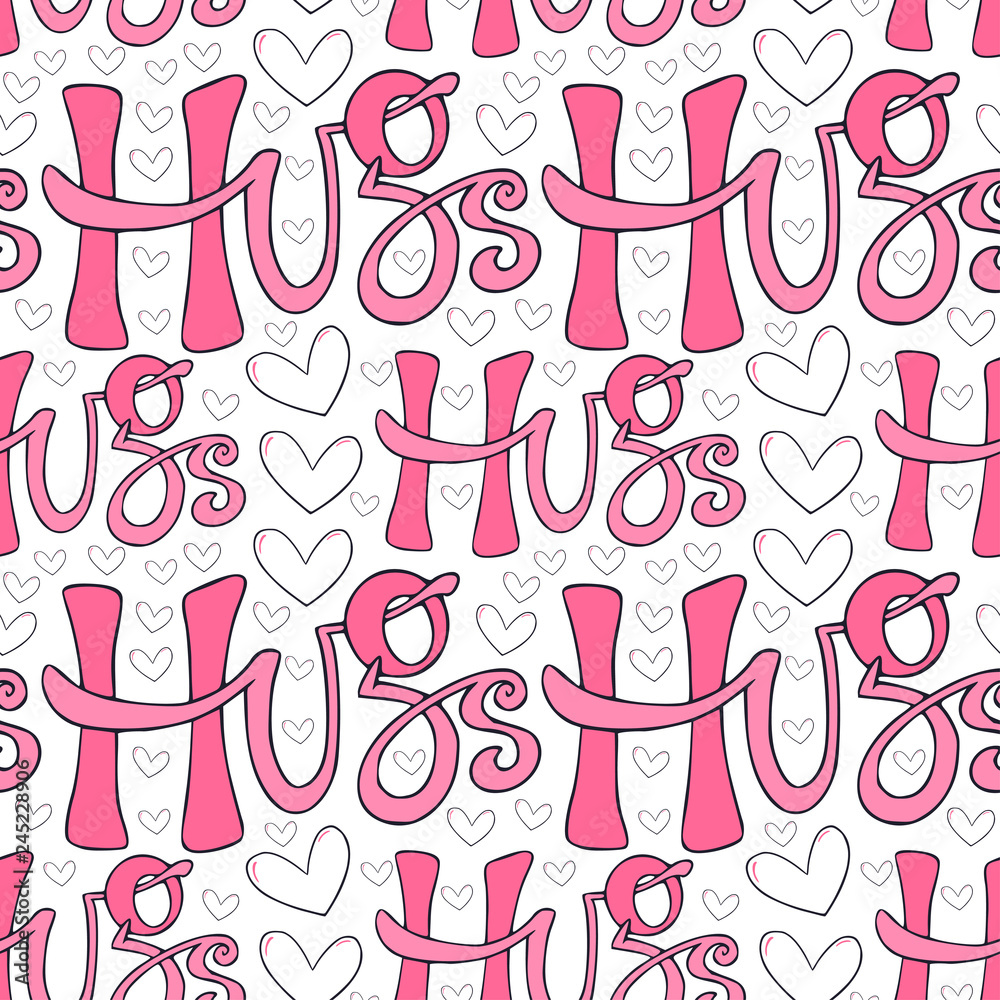 Typography seamless pattern with hugs phrases. Hand drawn lettering wallpaper. Vector cute pattern print design. Typography seamless pattern with hugs phrases. Hand drawn lettering wallpaper. Vector cute pattern print design.