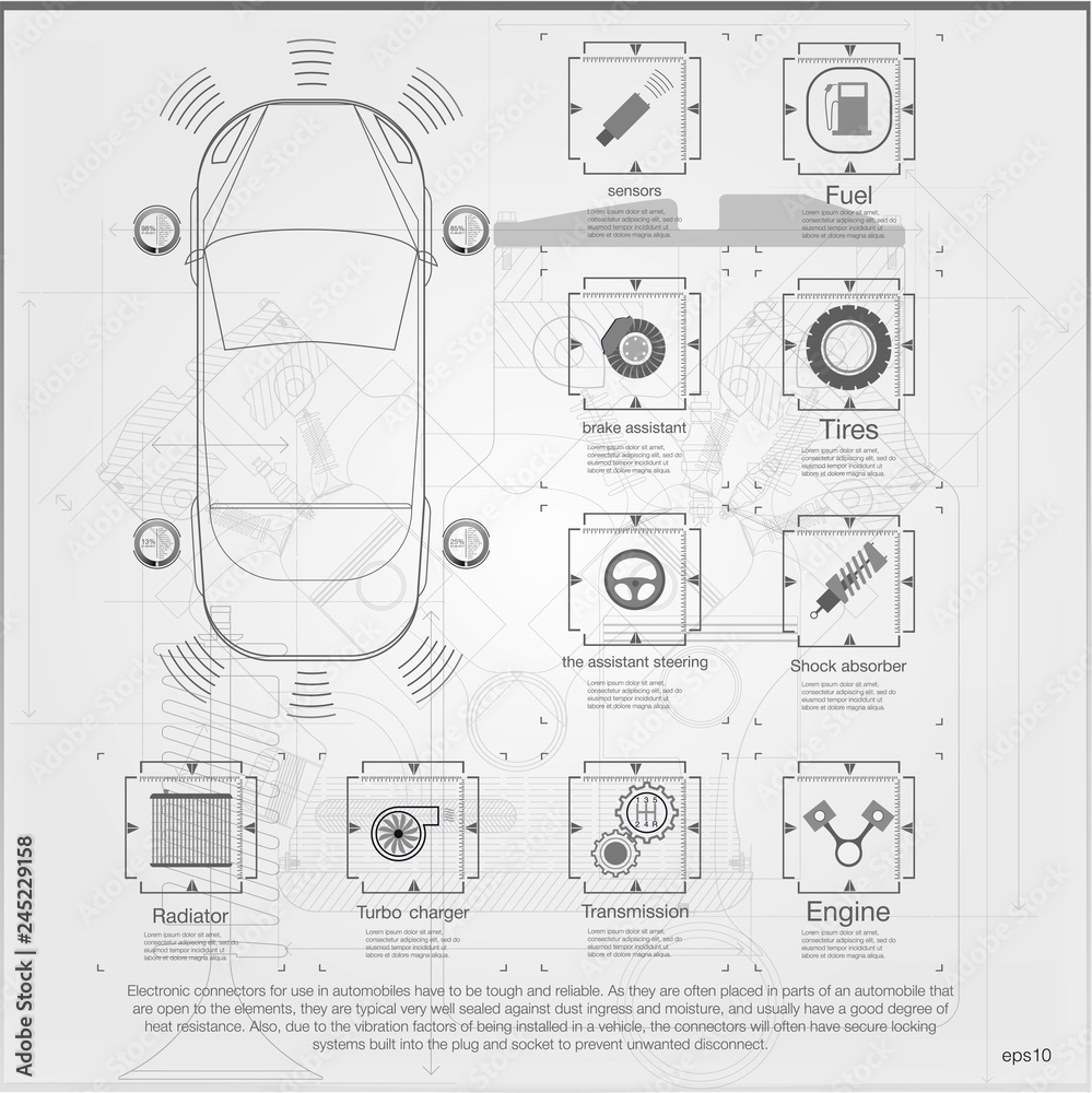 Smart car is automatically parked in the Parking lot, the view from the top. Parking Assist system security scans the road. Vector illustration.