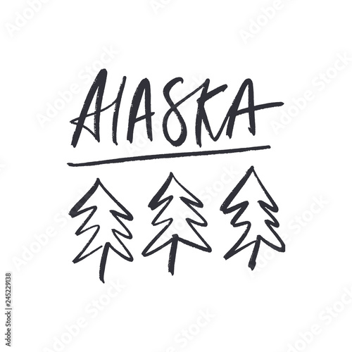 Vector hand drawn stylized Alaska logo. Arrows label. Boho style.