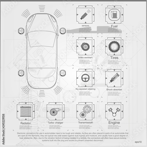 Smart car is automatically parked in the Parking lot, the view from the top. Parking Assist system security scans the road. Vector illustration.