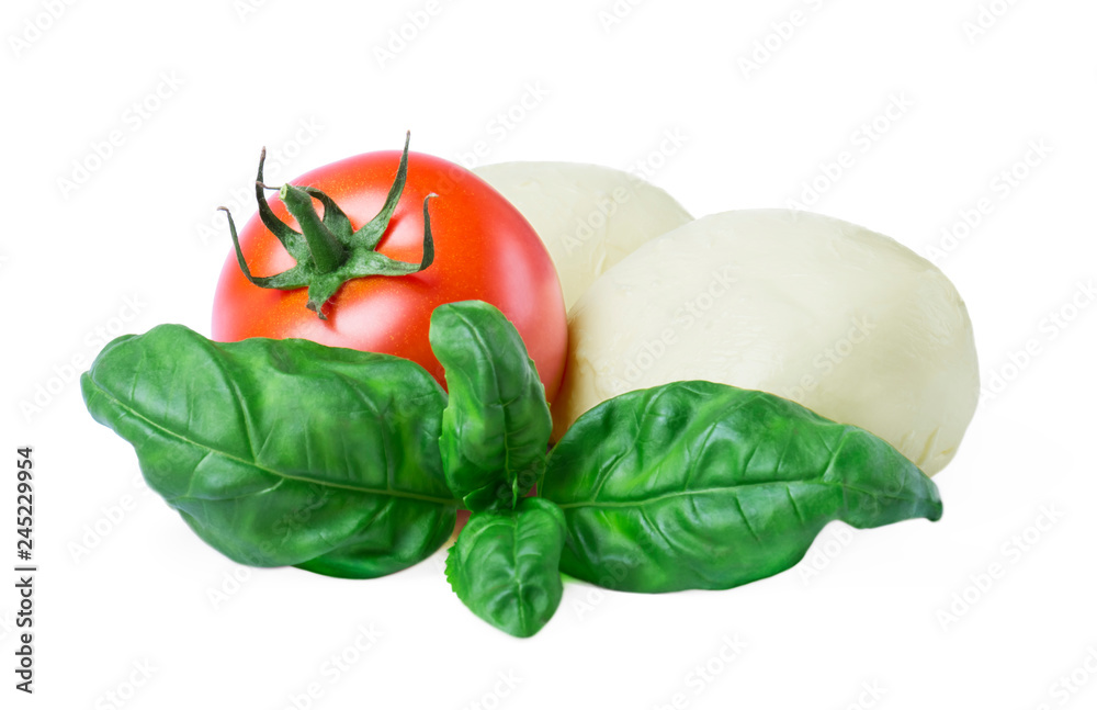 A closeup of Mozzarella cheese balls with fresh basil leaves and tomatoes on a white background A closeup of Mozzarella cheese balls with fresh basil leaves and tomatoes on a white background
