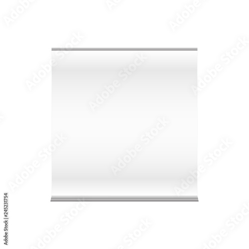 Vector blank promo wide square roll up banner display for presentation, advertisement and exhibition. Mock up isolated on a white background.