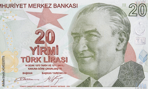 Turkey 20 lira (2009), Mustafa Kemal Ataturk. Turkish money currency close up. Turkey economy.. photo