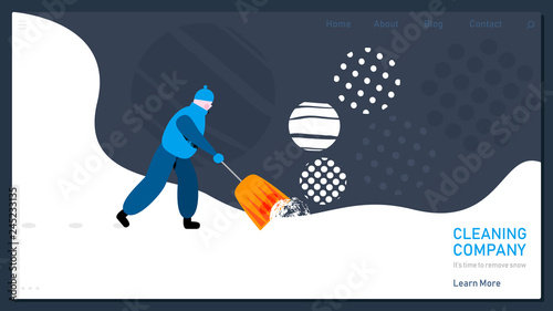 Snow removal concept for home web page. Charming man removals snow. Vector illustration in modern cartoon flat style