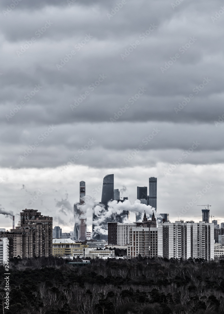 Modern city skyline, vertical landscape, minimalism. Moscow, Russia..