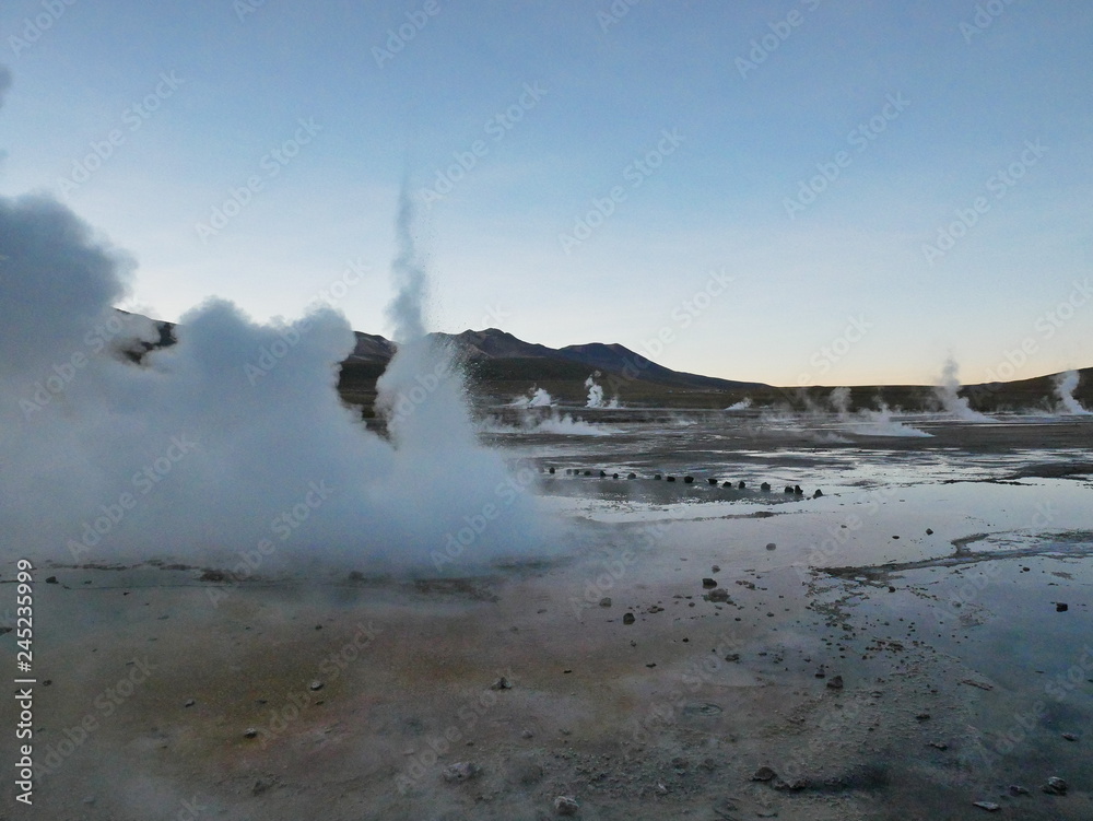 Sunrise on th El Tatio Geysers geothermal field, Chile