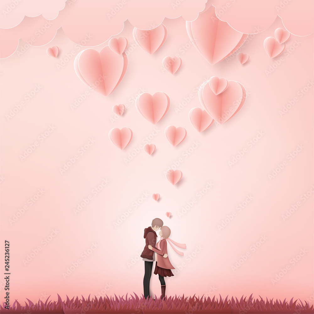 Illustration of couple kissing on pink background with green grass,Origami style. Illustration of couple kissing on pink background with green grass,Origami style.
