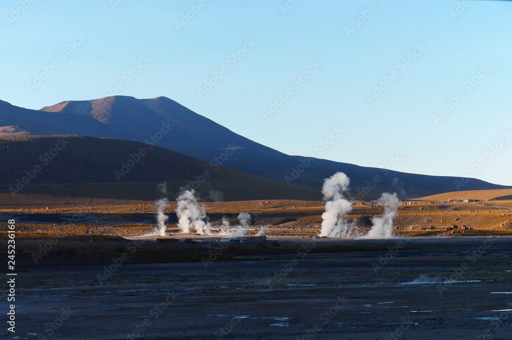 Sunrise on th El Tatio Geysers geothermal field, Chile
