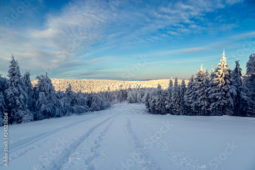 Sunrise in winter in the mountains.