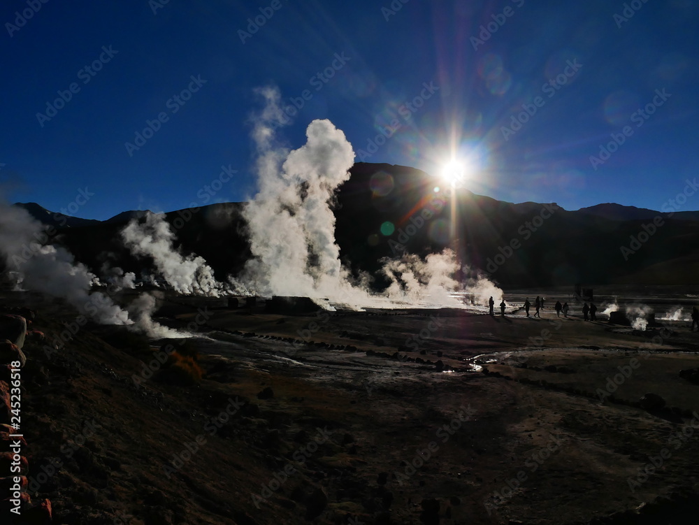 Sunrise on th El Tatio Geysers geothermal field, Chile
