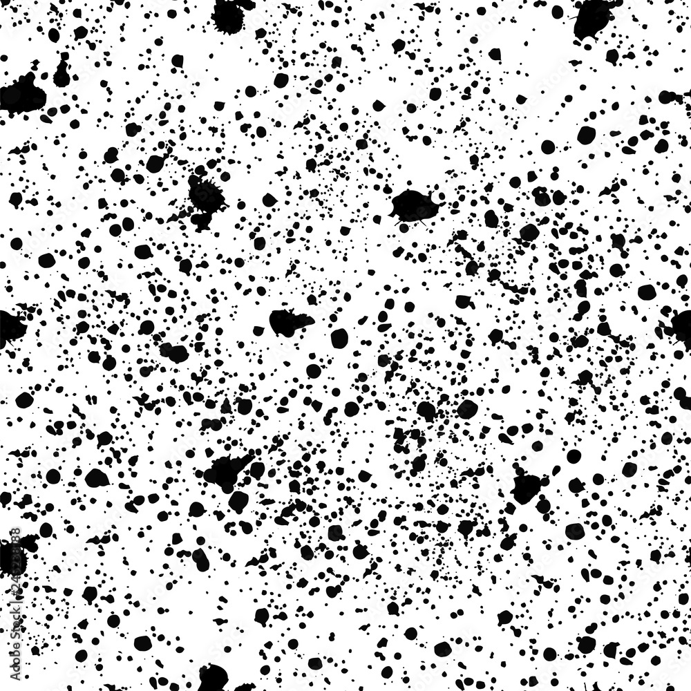 Seamless pattern with black speckles. Spots of paint, small drops. Monochrome abstract background. On white. Vector