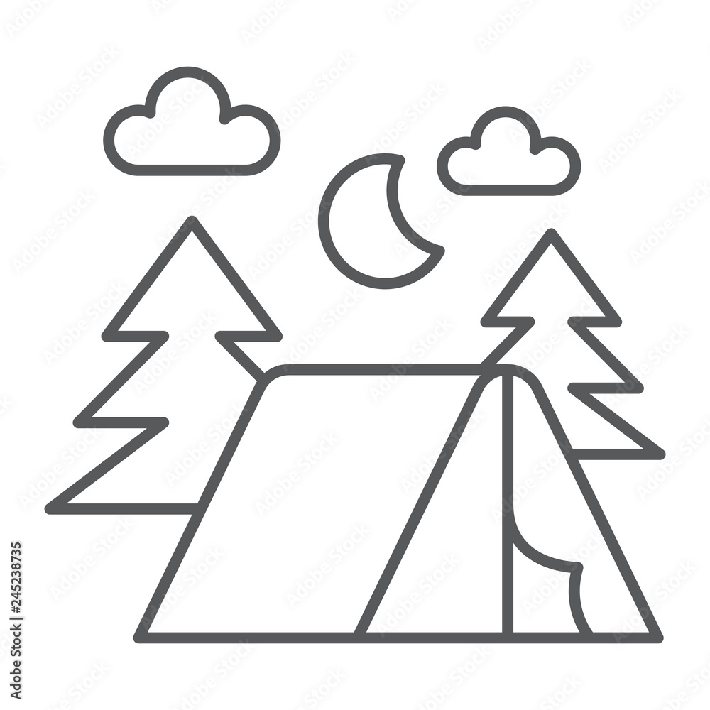 Camping thin line icon, nature and hiking, camp sign, vector graphics, a linear pattern on a white background. Camping thin line icon, nature and hiking, camp sign, vector graphics, a linear pattern on a white background.