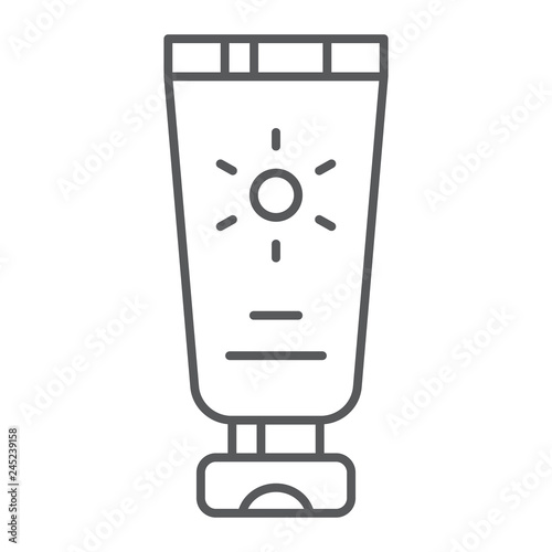 Sun protection thin line icon, cream and cosmetic, sunscreen sign, vector graphics, a linear pattern on a white background.