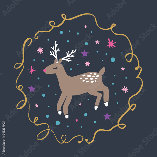 Vector cute Christmas and New Year deer cartoon illustration  scandinavian style.