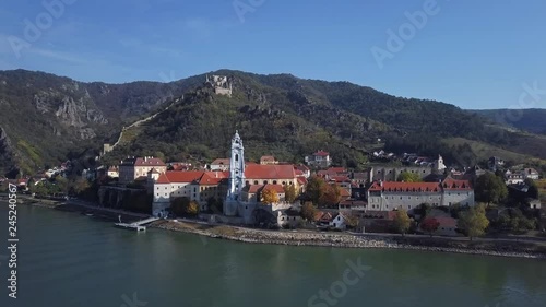 Aerial panorama of Durnstein town and vineyards. Wachau valley, Austria photo