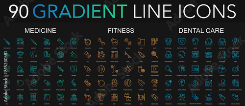 90 trendy gradient style thin line icons set of medicine, fitness, dental care isolated on black background.