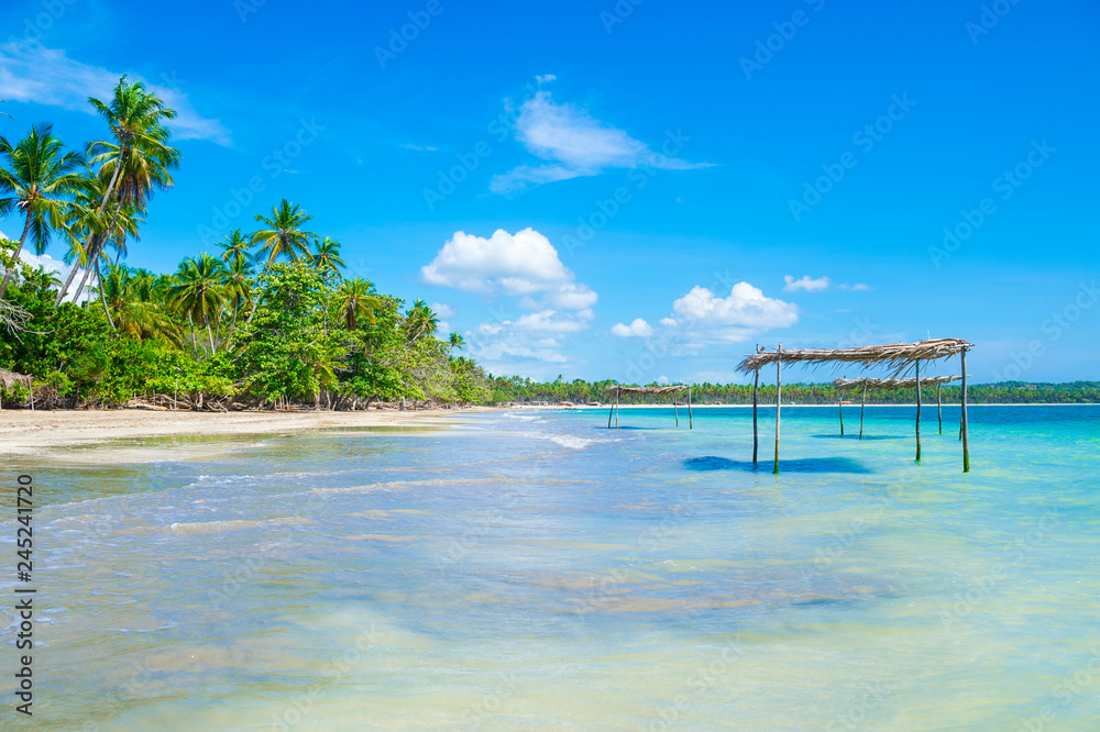 Rustic wooden palapas stand in the shallows of a palm-lined beach on the shore of a remote island in Bahia, Brazil