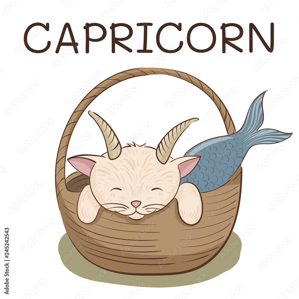 Capricorn zodiac sign; cat stylized as capricorn; cat with horns and tale  in a basket; vector illustration EPS10 Stock Vector | Adobe Stock