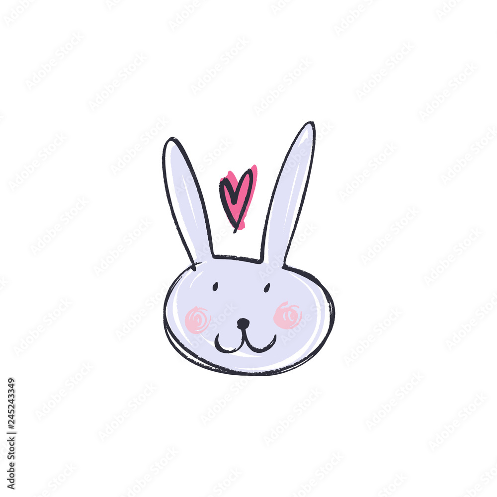 Cute rabbit face. Funny doodle animal. Little bunny in nursery cartoon style Cute rabbit face. Funny doodle animal. Little bunny in nursery cartoon style