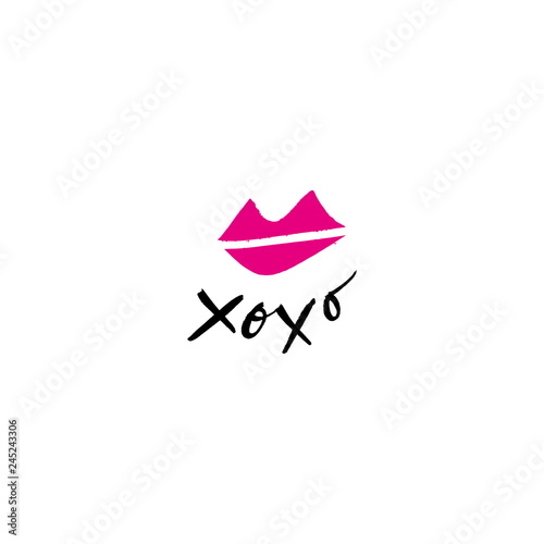 Hand drawn lipstick kiss symbol, hugs and kisses text. Isolated details