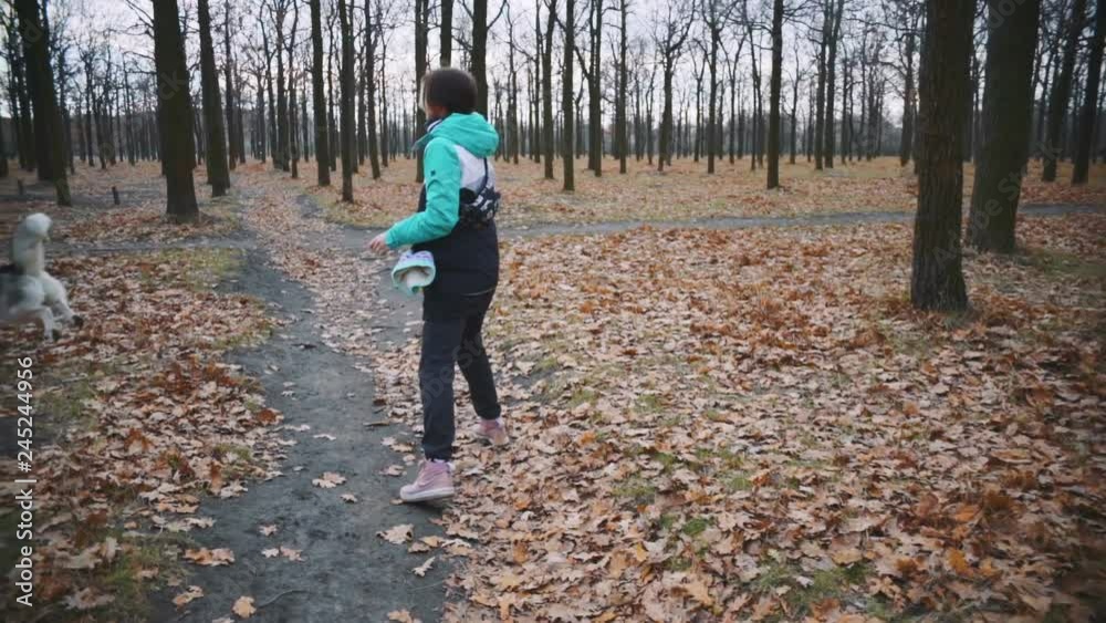 Young beautiful woman walks and plays with her Husky dog in autumn forest. Slow motion