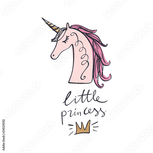 Unicorn princess calligraphy postcard  crown drawing. Textile graphic print for t-shirt and other. Pony illustration