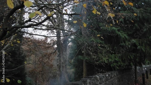 Smoke rising from behind a wall whilst panning up and down