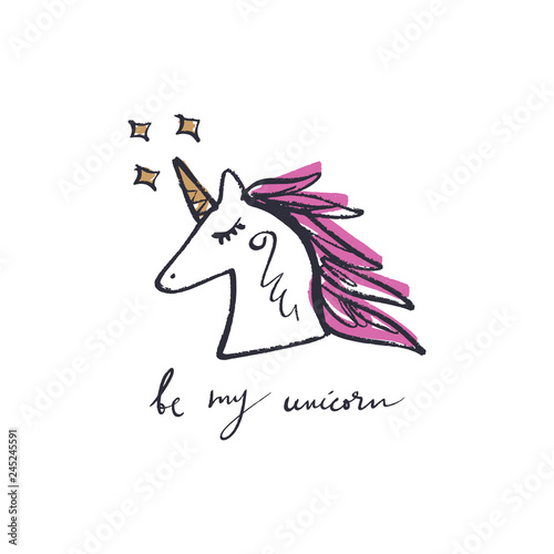 Unicorn girl head. Text hand drawn lettering quote and little pony art