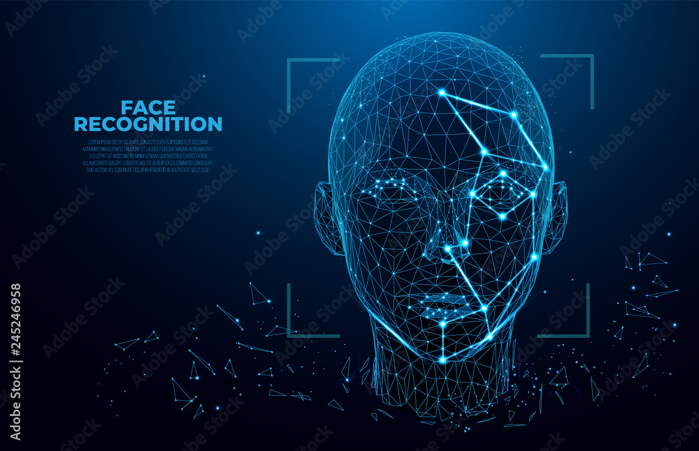 Facial Recognition System concept. Face Recognition. 3D scanning. Face ID. vector wireframe concept. Polygon vector design. biometric scanning 