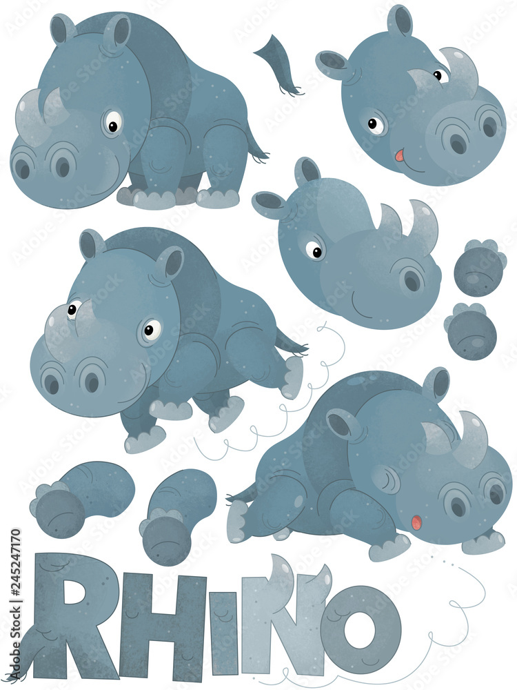 cartoon scene with set of rhinoceros on white background with sign name of  animal - illustration for children Stock Illustration | Adobe Stock
