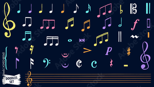 Music notes doodles set.  Treble clef. Hand drawn detailed sketch. G-clef. Scribbles collection. Scrawl. Piano. Organ. Symphony. Melody. Classic music.