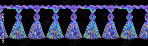 Tassel pattern. Fringe border. Trim. Sewing. Trendy fashion design. Sketch. Clothes decoration. Ethnic. Folk. Vintage. Boho style. Multicolor.