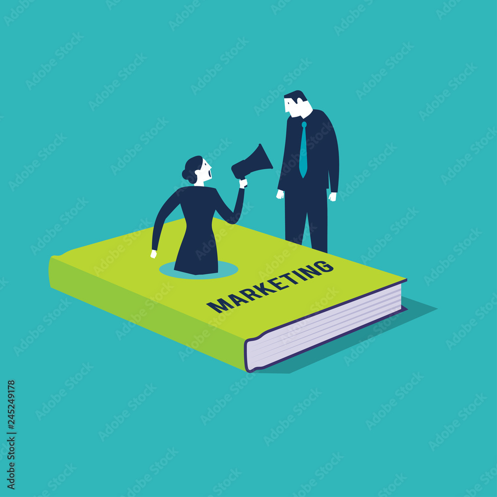 Businessman looking a marketing book cover with woman. Vector illustration