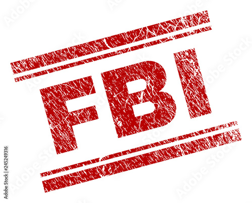 FBI seal print with grunge texture. Red vector rubber print of FBI title with grunge texture. Text label is placed between double parallel lines.