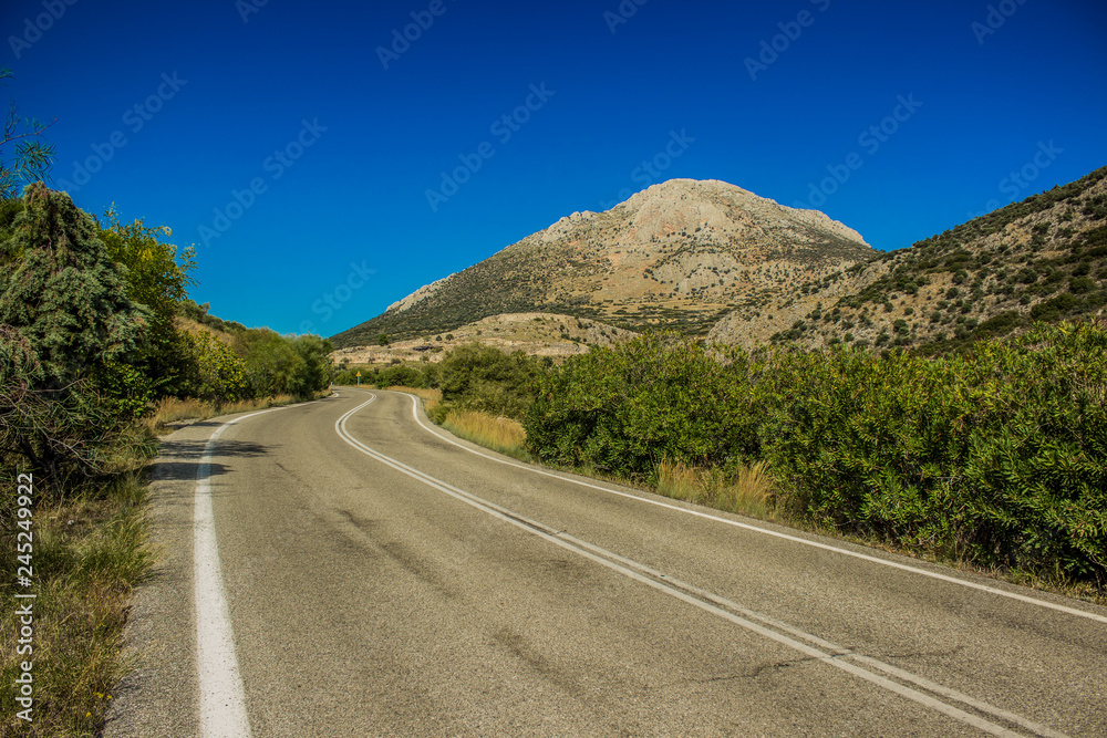 sunny bright colorful spring landscape with empty car road through mountain and green trees nature anvironment