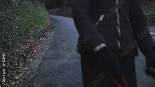 Close up of two sausage dogs on a lead and a woman walking