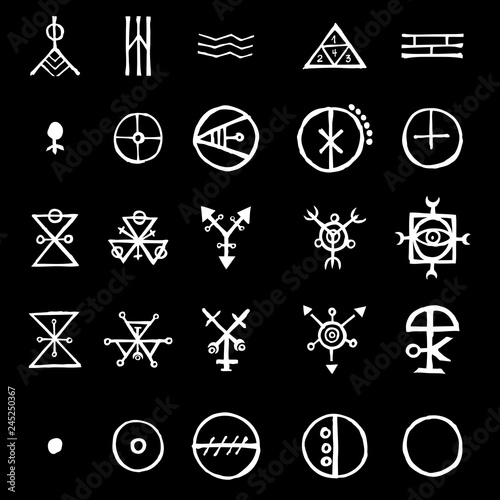 Set with mystic and occult symbols. Hand drawn and written alphabet signs. Spiritual masonic tattoo ideas. Vector.