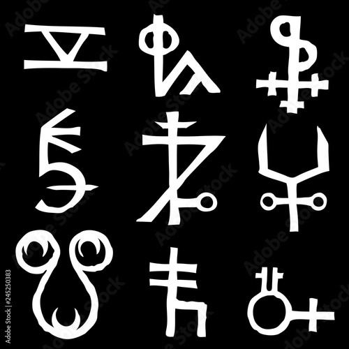Mystic set with magic circles, pentagram and imaginary chakras symbols. Collection of icons with witchcraft and occult hand writing letters. Esoteric concept. Vector
