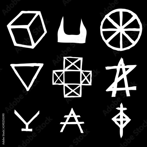 Set of Old Norse Scandinavian runes imaginary version. Runic alphabet symbols, futhark. Inspired by ancient occult symbols, vikings letters and runes. Vector.