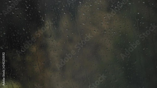 Shot looking through a window at a storm blowing a tree