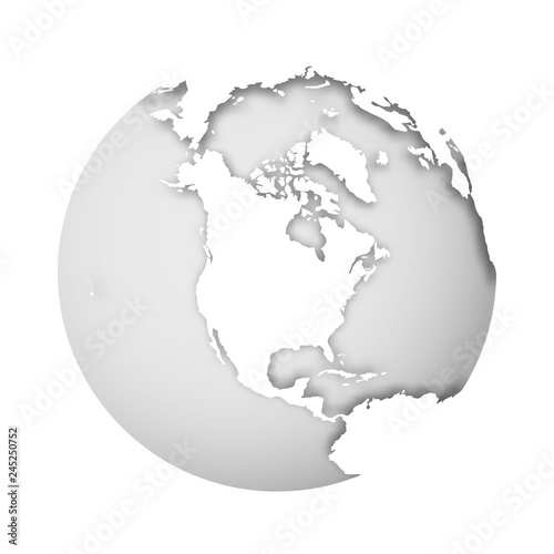 Earth globe. 3D world map with white lands dropping shadows on light grey seas and oceans. Vector illustration